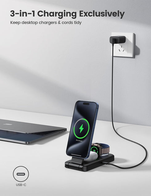 Lamicall 3 in 1 Charging Station for Apple, Magnetic Foldable Wireless Charger Stand, Fast Charging Station for iPhone