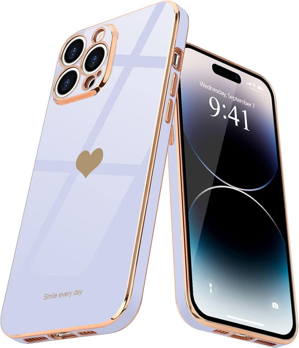 Teageo Cute Love Heart Luxury Plating Case for iPhone 14 Pro, Soft Bling Back Cover with Raised Camera Protection
