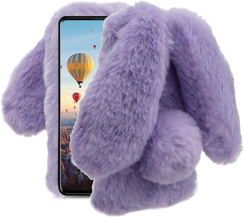 Aearl Rabbit Fur Ball Case for Samsung Galaxy A51, Luxury Cute 3D Plush Purple Phone Cover for Girls