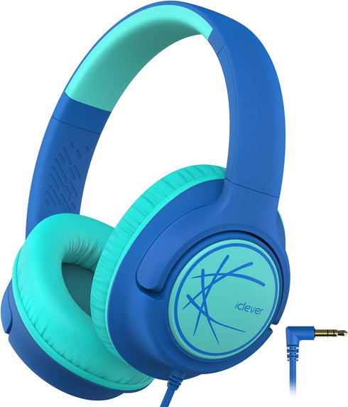 iClever Kids Headphones with Cord, 85dBA Safe Volume Wired Headphones for Kids, Over Ear for School/Travel (Blue)