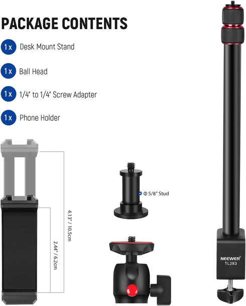 NEEWER Camera Desk Mount - Phone Holder & 360° Ball Head, 17"-40" Telescopic C Clamp Stand