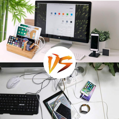 Charging Station Organizer, Fast Charging Station for Multiple Devices, 5-Port USB Bamboo Wood Charging Dock, Universal