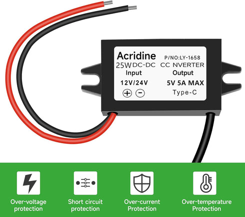 Acridine 12V/24V 5V 5A 25W Adapter(1-Pack) DC to USB-C Step Down Converter Buck Module