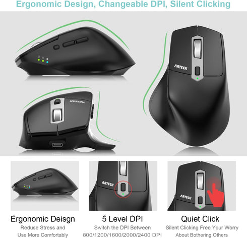Arteck Multi-Device Wireless Bluetooth Mouse, Ergonomic Right Hand Silent Clicking Rechargeable Mouse for Computer,