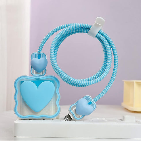 Cute Waves DIY Cable Protector for iPhone Charger, Kawaii 3D Love Heart Design, Data Cable Saver, Blue