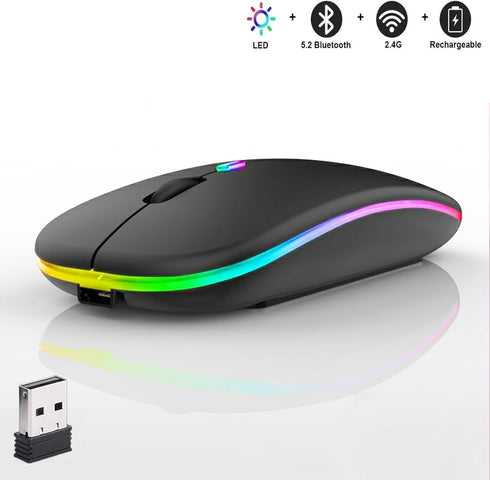 LED Wireless Mouse, Slim Silent Dual-Mode 2.4G+BT Rechargeable 7-Color Optical Mouse with USB Receiver, 3 Adjustable