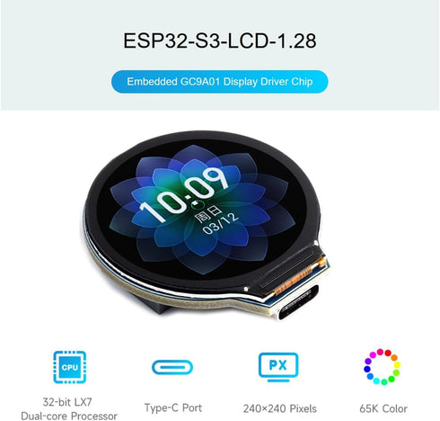 waveshare ESP32-S3 MCU Board with 1.28inch IPS Round LCD Display, Supports 2.4GHz Wi-Fi and Bluetooth 5, 32-bit
