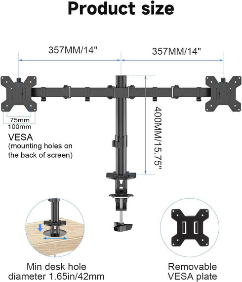 suptek 2 27 inch, 22 lbs 75x75/100x100 mm, (MD9442) Dual Monitor Desk Mount, Adjustable Dual Monitor Arm for Computer