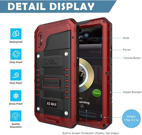 Mitywah Waterproof Case for iPhone Xs MAX - Heavy Duty Military Grade Defender Phone Case with Full Body Protection, Red