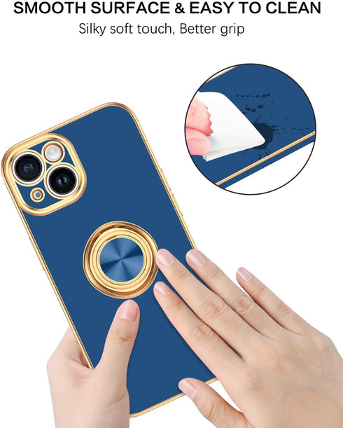 BENTOBEN Slim Fit 360° Ring Holder Case for iPhone 15, Shockproof Kickstand Magnetic Car Mount Supported, Navy Blue