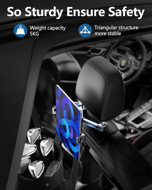 Car Headrest Backseat Mount, Phone/Tablet Holder, 360 Rotation, Adjustable Back Seat Tablet Holder for All 4"-14"