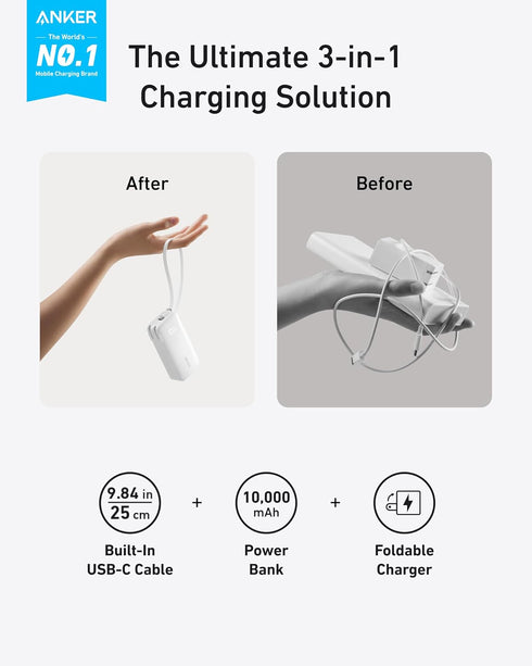 Anker 3-in-1 Portable iPhone Charger, 10,000mAh Power Bank with Built-in USB-C Cable and Foldable AC Plug, 30W Max