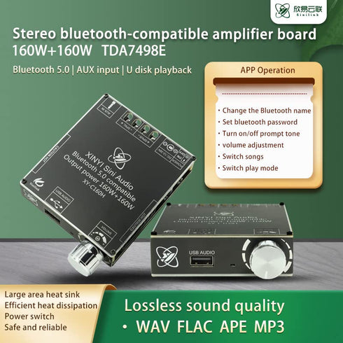 C160H TDA7498E Bluetooth 5.0 Digital Power Amplifier Board 12-36V AUX 2 x 160W Speaker Stereo Audio AMP Module Home Music Input DC12-36V