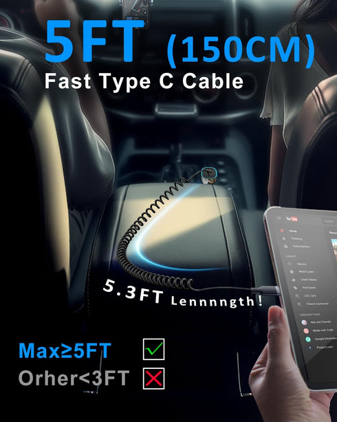 90W USB C Car Charger with 5ft 60W Type C Coiled Cable, Super Fast Adapter for iPhone 15 Pro Max, Samsung Galaxy S24