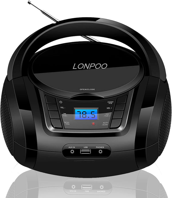LONPOO Portable Boombox CD Player with FM Radio, USB, Bluetooth, AUX Input, Stereo Sound Speaker, Black