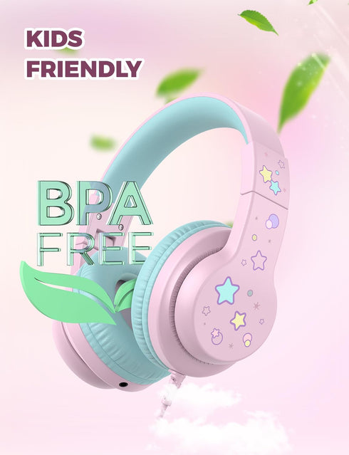 iClever HS19S Kids Headphones: Safe Volume 85/94dB, Foldable Over-Ear Stereo Sound, Mic, 3.5mm for iPad/Computer.