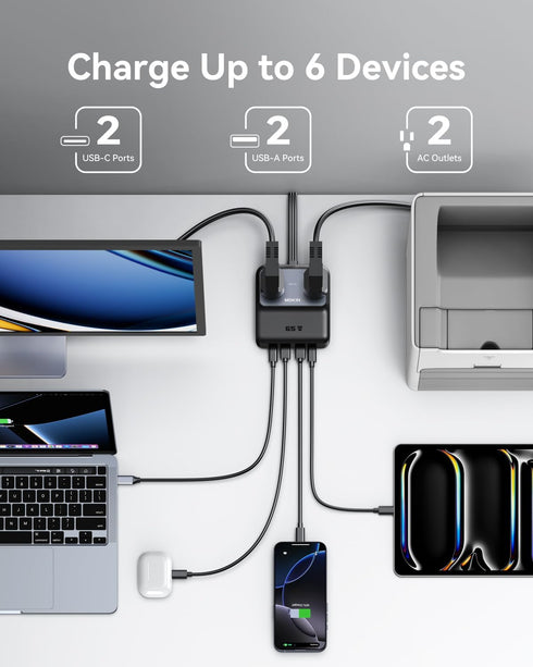 imokin 65W 6-in-1 17/16 5ft Cord,2 AC,2 USB-A,2 Charging Station, Max USB C Power Strip for iPhone and MacBook, Flat