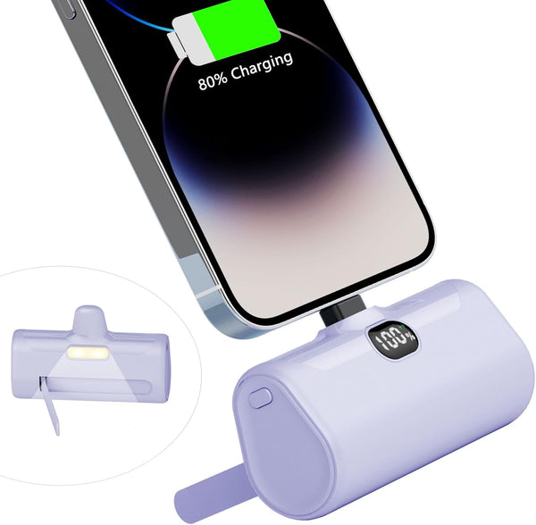 Mini Portable Charger for iPhone, 5000mAh Ultra Compact Power Bank with Built-in Phone Holder, Compatible with 14/13/12