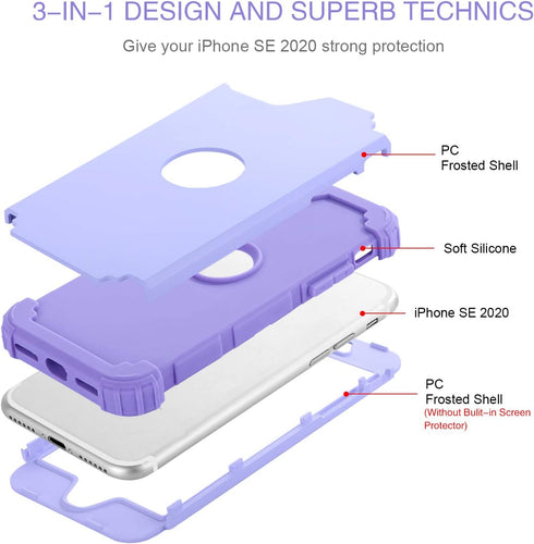 BENTOBEN for iPhone SE 2022 Case and iPhone SE 2020 Case, Heavy Duty 3 in 1 Full Body Rugged Shockproof Hybrid Hard PC Soft Rubber Case for iPhone SE 3rd/2nd Gen, Light Purple/Lavender
