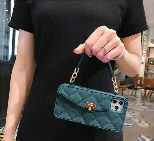 UnnFiko Cute Wallet Case for iPhone 11 Pro, Light Luxury Bag Design, Soft Silicone Cover with Handstrap (Dark Green)