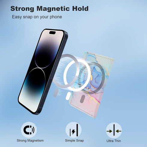 HAOPINSH for MagSafe Wallet Magnetic Card Holder, Pink Blue Marble Pattern Detachable Adjustable Flip Leather Kickstand