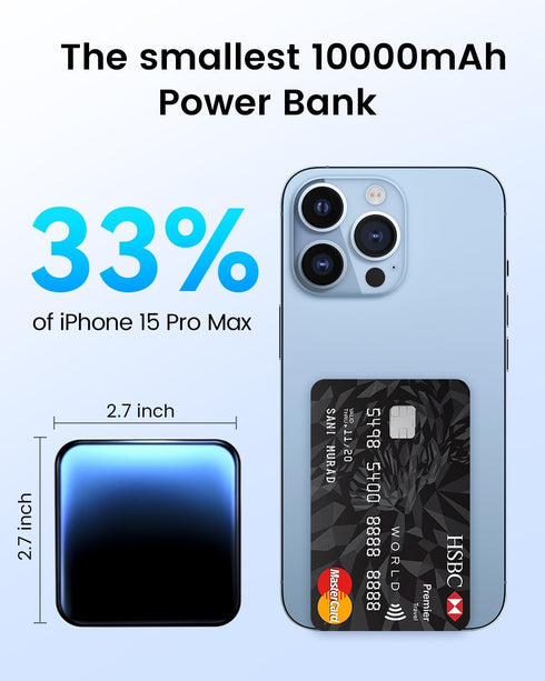 10000mAh Small Power Bank, Mini Portable Charger, USB C Input/Output with Smart LED Display, 30W Fast Charging for