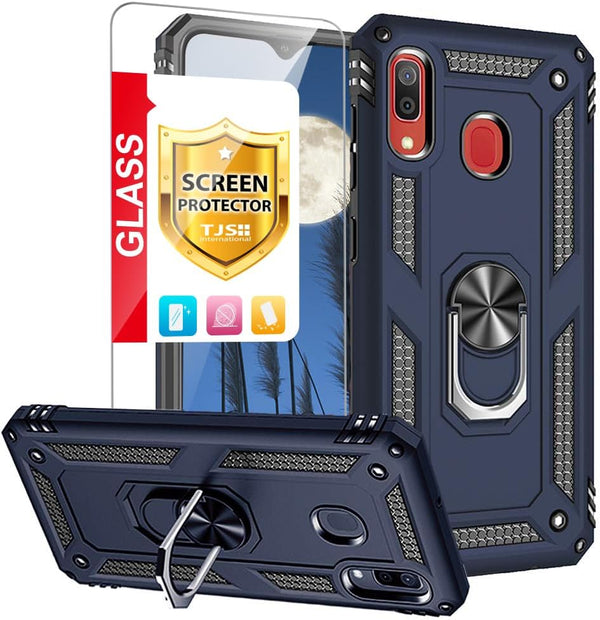 TJS Compatible with Samsung Galaxy A20 and A30 Case, Tempered Glass Screen Protector, Heavy Duty Drop Protector