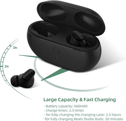 Jinstyles Charging Case Replacement for Beats Studio Buds, Bluetooth Pairing Sync Button, 660mAh Battery - Black