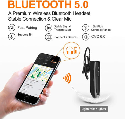 Link Dream Bluetooth Earpiece for Cell Phones, Wireless V5.0 Hands Free Headset with Noise Canceling Mic, 24Hrs Talking