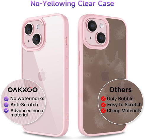 oakxco Thin Slim Clear Case for iPhone 15/14/13, Light Pink Transparent Hybrid Hard Plastic & Soft Silicone Bumper