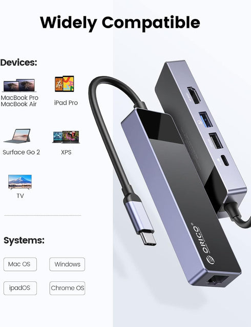 USB C Hub, ORICO 5 in 1 MacBook Docking Station Multiport Adapter with PD 60W, HDMI 4K@30Hz, Compatible with Dell/HP