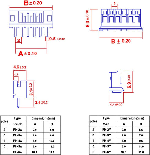 Taiss 580PCS JST PH Connector Kit, 2.0mm 2/3/4/5/6Pin Housing, Female and Male Adapter Cable Connector Plug