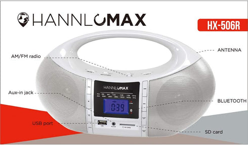 HANNLOMAX HX-506R Portable AM/FM Radio, Bluetooth, USB/SD Slot, Aux-in, AC/DC Dual Power Source (White)