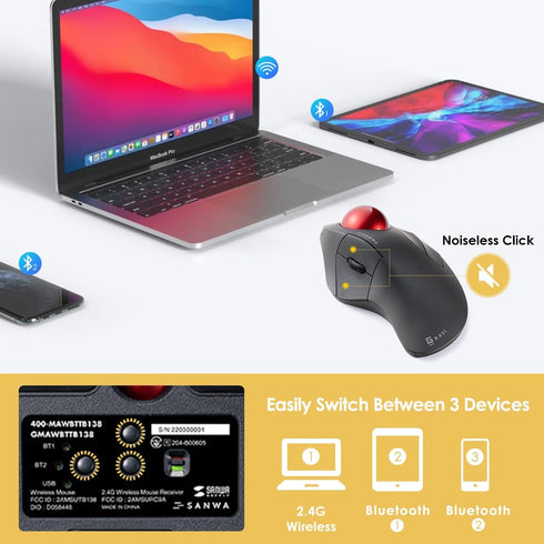 SANWA Bluetooth 5.1 Wireless Ergonomic Trackball Mouse, Finger Control Roller Ball, 3 Device Switch, Silent Programmable