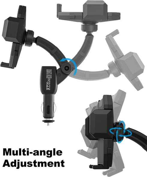Cigarette Lighter Car Phone Holder Charger, Dual USB Fast Charging Mount with Adjustable Arm & 360° Rotating for iPhone