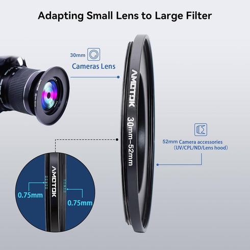 30mm to 52mm Camera Lens Adapter - 30mm to 52mm Filter Step Up Ring, Compatible with All 52mm Filter Accessories