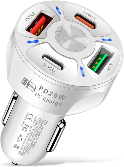 4 Ports Car Fast Charging Charger, QC 3.0, PD 20W, Type C, 3.1 A Cigarette Lighter Adapter for Car SUV, White