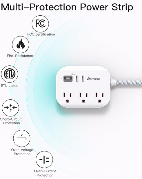 Mifaso 5Ft Cruise Ship Essentials - Power Strip with USB Ports, Flat Extension Cord with Multiple Outlets, USB Charging