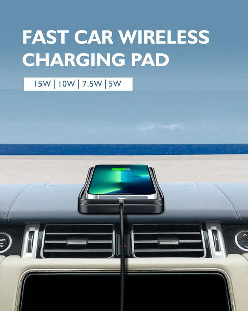 Wireless Phone Charger Qi Car Charging Pad, Fast 15W for iPhone 14, 13, 12, 11, Samsung Galaxy, and AirPods