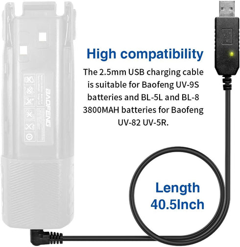 BaoFeng 2.5mm USB Charger Cable with Indicator Light for UV-5R, AR-152, UV-82, 3800mAh Battery (1)
