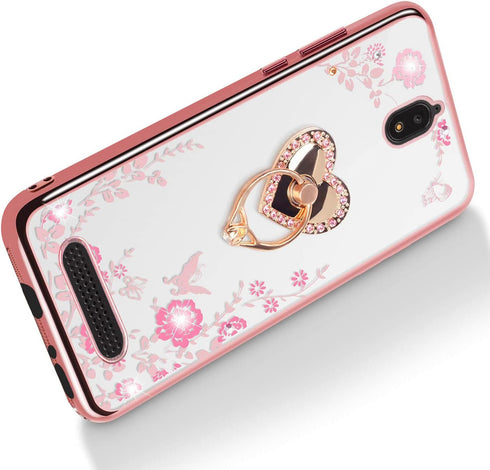 B-wishy for Blu View 2 Case, Glitter Crystal Butterfly Heart Floral Slim TPU Cover with Kickstand & Strap (Rose Gold)