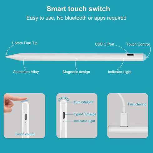 iPad 9th/10th Generation Stylus Pencil - Palm Rejection, Active Pen for iPad Pro 12.9" and 11", iPad Air, iPad Mini
