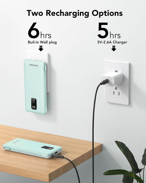 Charmast Portable Charger - 10000mAh USB C Power Bank with Built-in Cables, Fast Charging for Travel Essentials