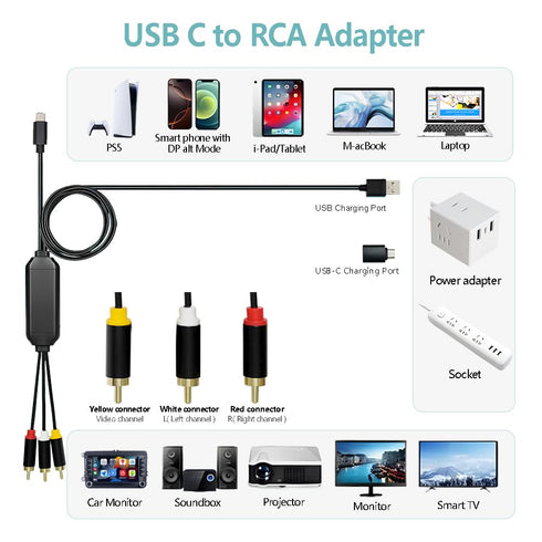6Ft 3 USB C to RCA Cable Adapter, Wired Type-C to RCA Screen Mirroring with USB A&USB C(Charging),USB C Male to RCA