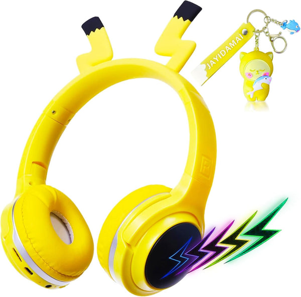 Yellow Kids Bluetooth Headphones, Cartoon Wireless Headphone with Microphone, Volume Reduced Foldable Headset for Travel