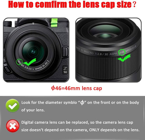 Nikkor Z DX 16-50mm f/3.5-6.3 VR Lens Cap, Z50 Z30 46mm Snap-on Lens Cap, Fire Rock Center Pinch, 2 Packs