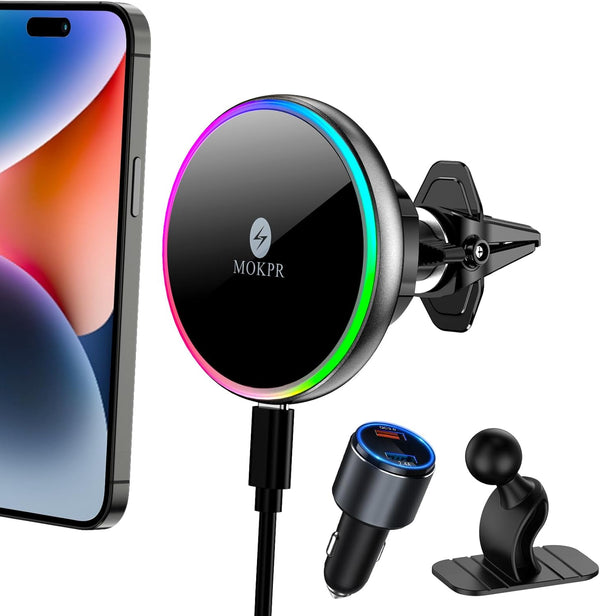 MOKPR for MagSafe Car Mount Charger, Wireless Magnetic Car Phone Holder for iPhone 15/14/13/12 Series with QC 3.0