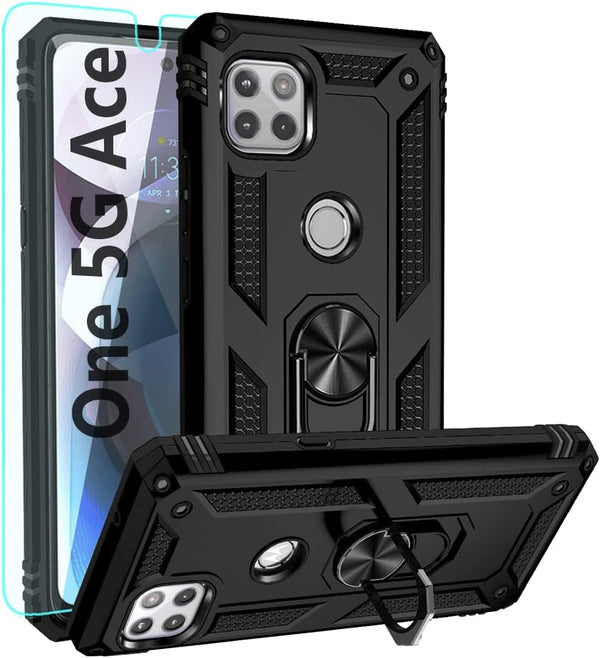 Moto One 5G Ace Case with HD Screen Protector, Military Grade, Ring Car Mount Kickstand, Shockproof Protective Case