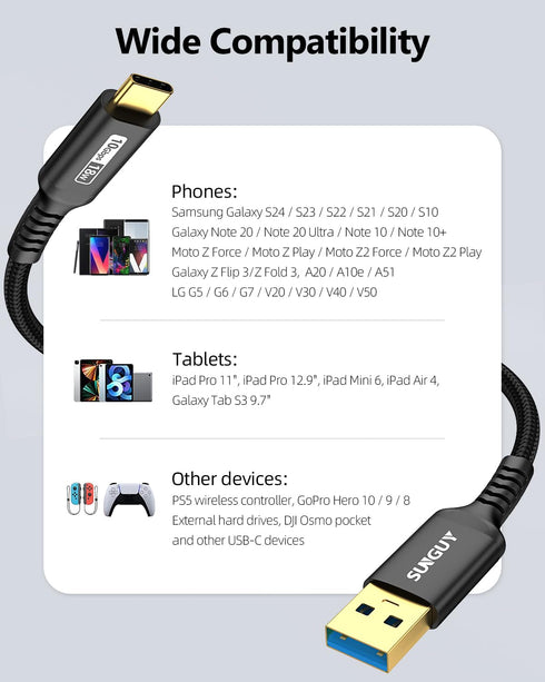 SUNGUY 6 inch/0.5FT USB C Android Auto Cable, 10Gbps USB C 3.1 Gen2 Data Transfer Cable, 3A Fast Charging Cord for