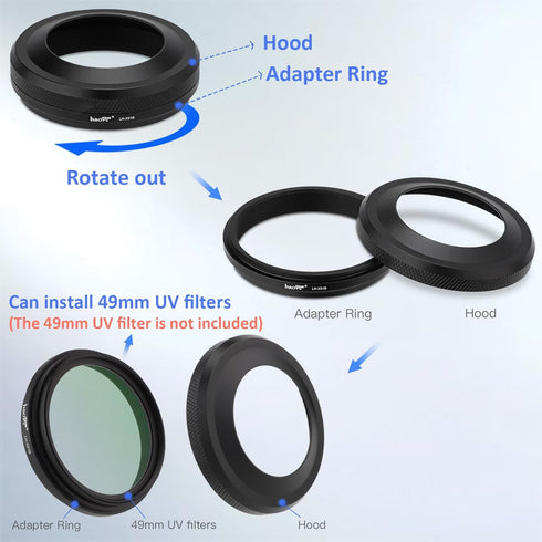 Haoge LH-X51B 2in1 All Metal Ultra-Thin Lens Hood with Adapter Ring Set for Fuji X100VI & FinePix X100V Black